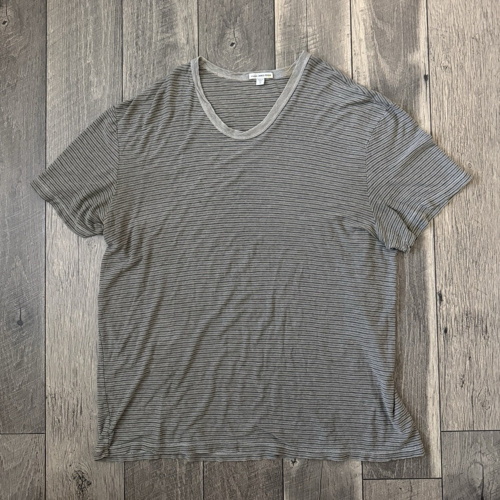 James Perse Gray Striped Ringer T-Shirt Linen Cotton Crew Neck Tee Mens XXL Sz 5